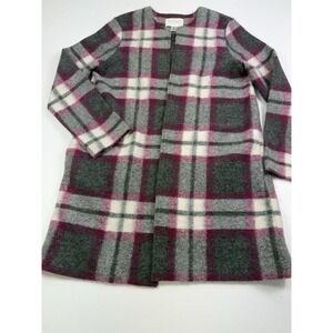 Max Studio Gray Pink White Open Front Plaid Coat Woolblend Woman Sz L  Pockets